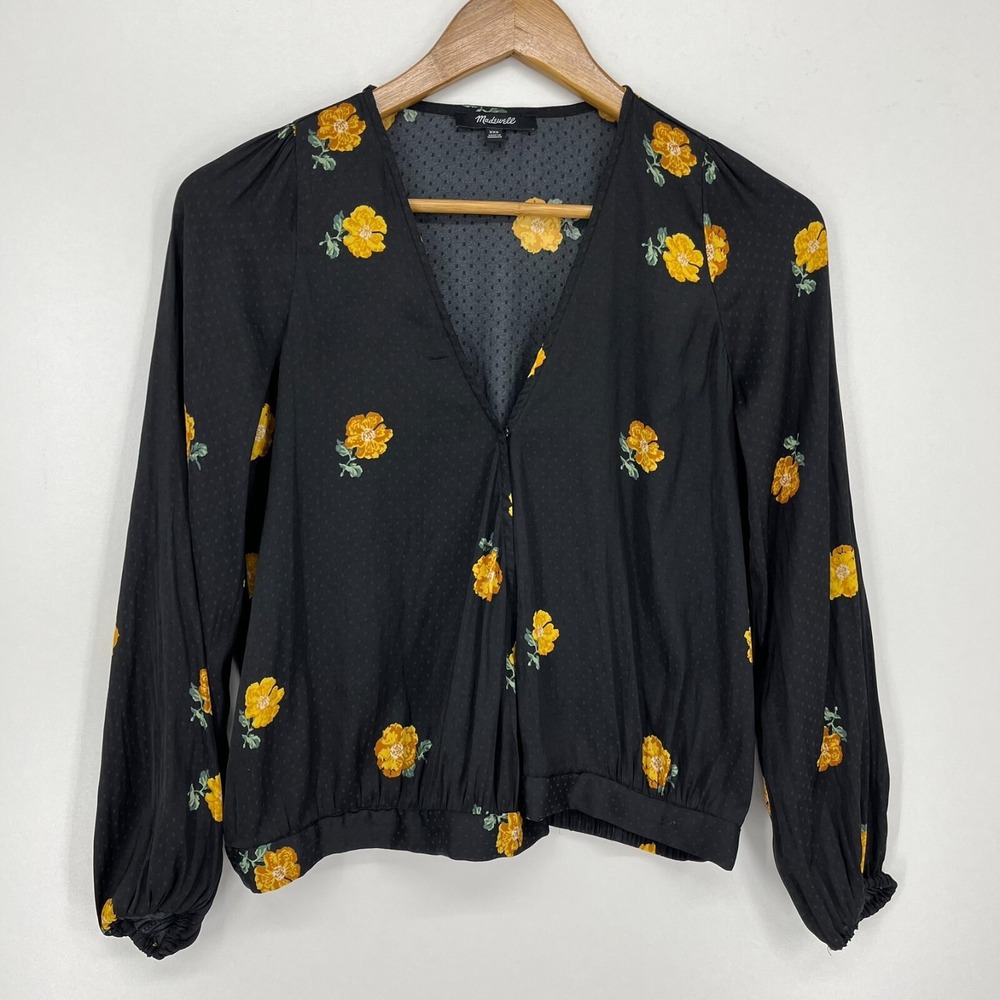 Madewell Black Yellow Floral Jacquard Puff Sleeve V-Neck Crop Top XXS